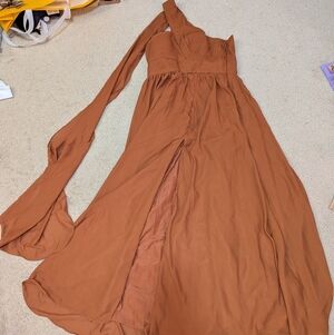 One Shoulder Burnt Orange Leg Slit Chiffon Formal Gown Prom Wedding